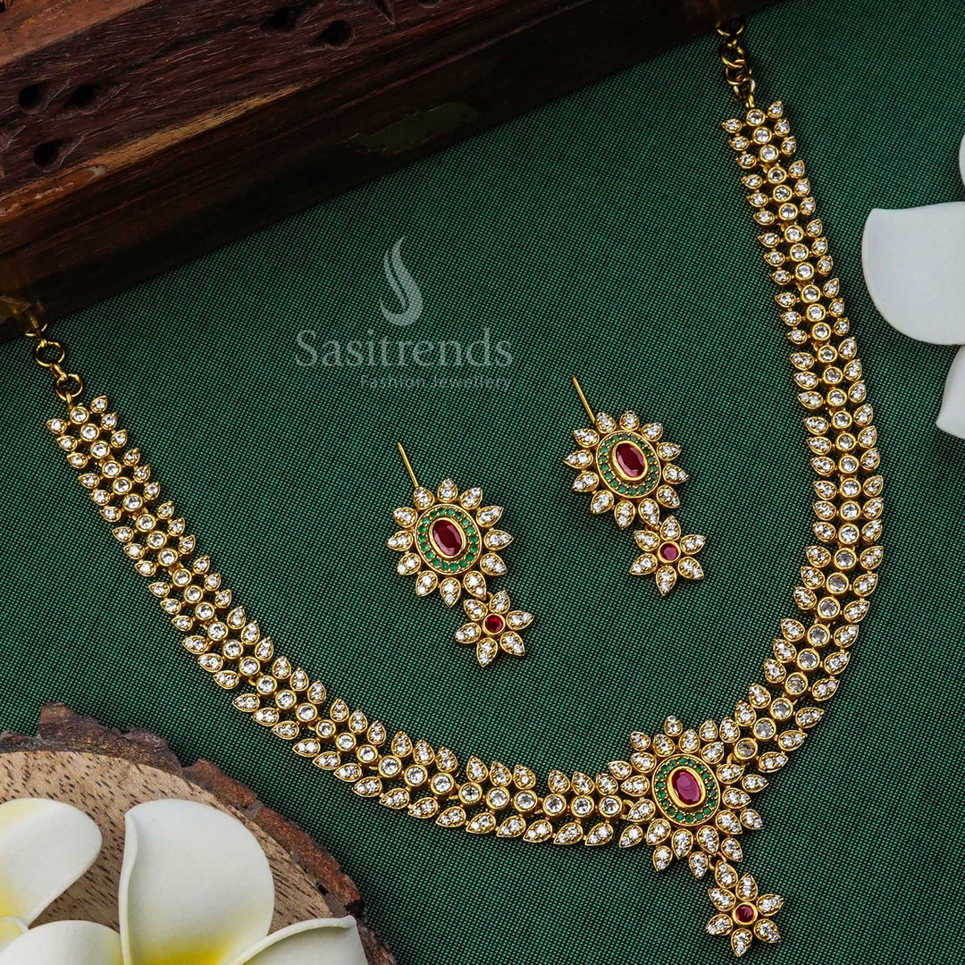 Matte Gold Plated Floral American Diamond Necklace Set - Elegant Women's Jewellery - Sasitrends