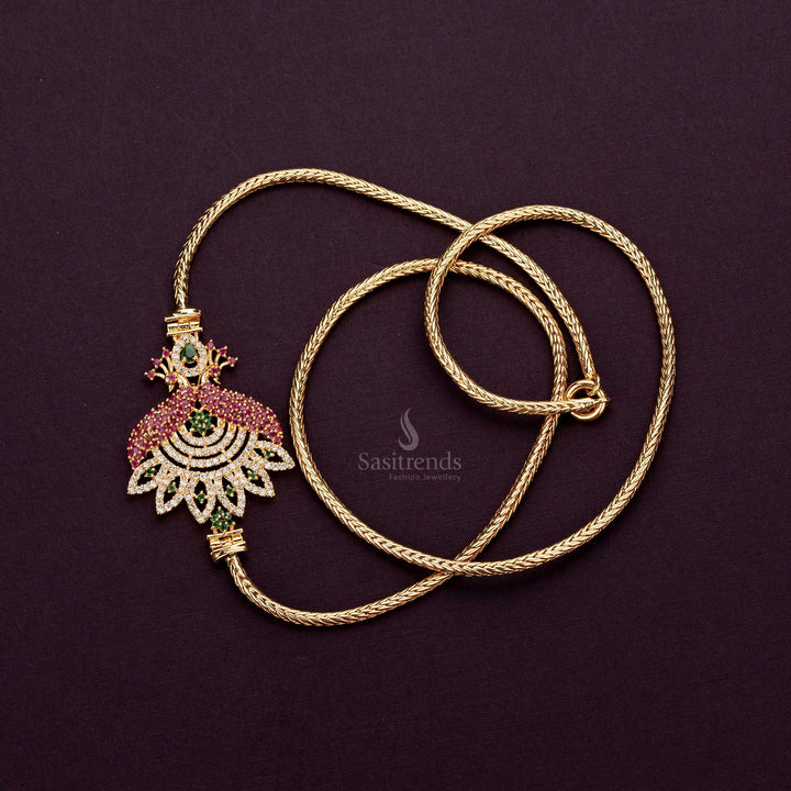 Guaranteed One Gram Micro Gold Plated Dual Peacock Mugappu Chain with AD Stones - Sasitrends