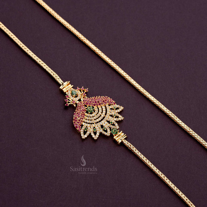 Attractive one gram gold-plated Multi-color AD stone dual peacock Mugappu chain, 24 inches  Sasitrends