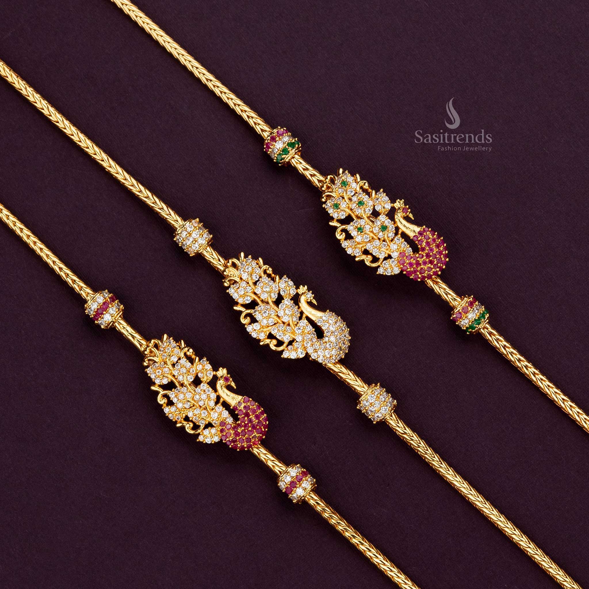 Guaranteed Peacock Mugappu chain with rich AD stones, micro gold-plated, 24 inches