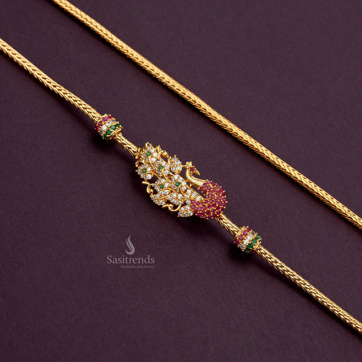 Multi-color Peacock Mugappu chain with rich AD stones, micro gold-plated, 24 inches - Sasitrends