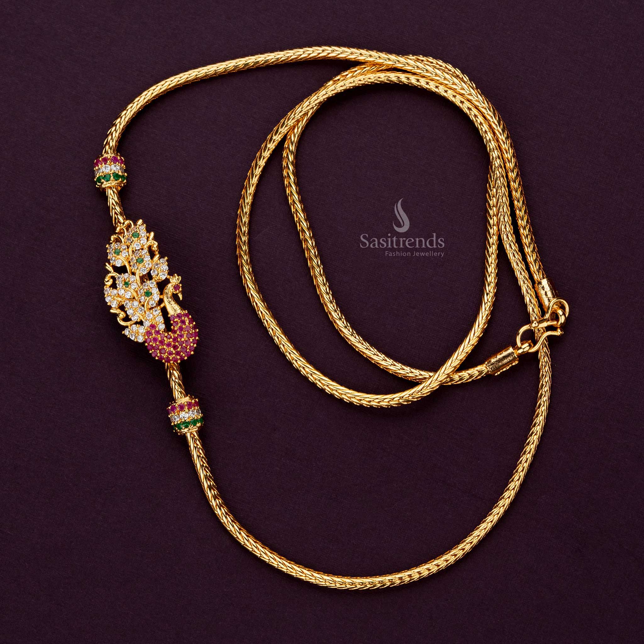 Elegant multi-color Peacock Mugappu chain, micro gold-plated, with guaranteed lifetime plating - Sasitrends