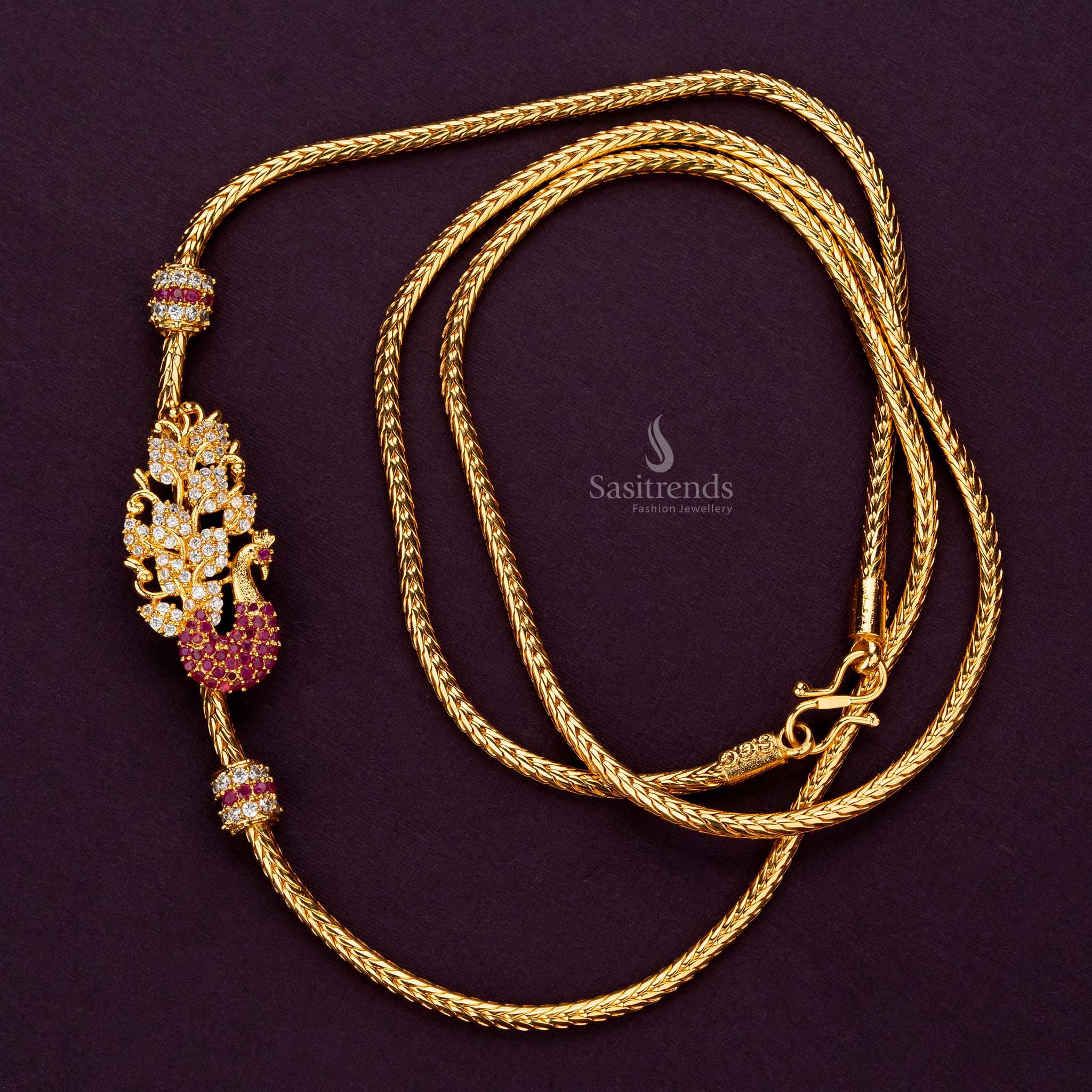 Traditional Peacock Mugappu chain, white and ruby AD stones, 24-inch, luxury look - Sasitrends