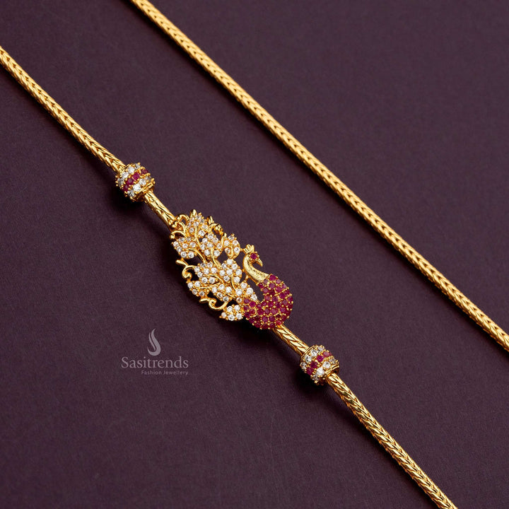 White and ruby Peacock Mugappu chain with AD stones, micro gold-plated, 24 inches - Sasitrends