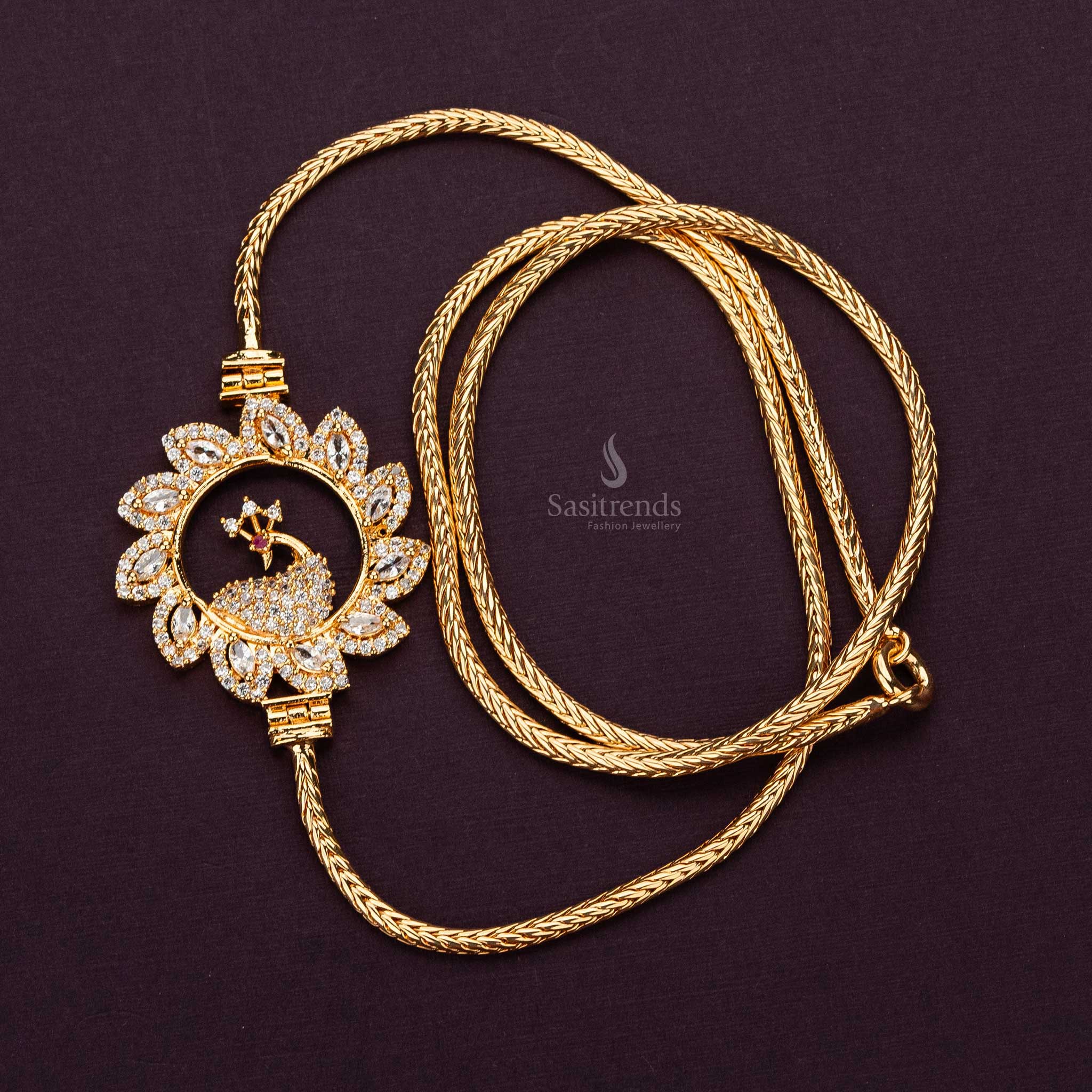 Intricate micro gold plated peacock mugappu chain with white AD stones, designed for traditional outfits - Sasitrends