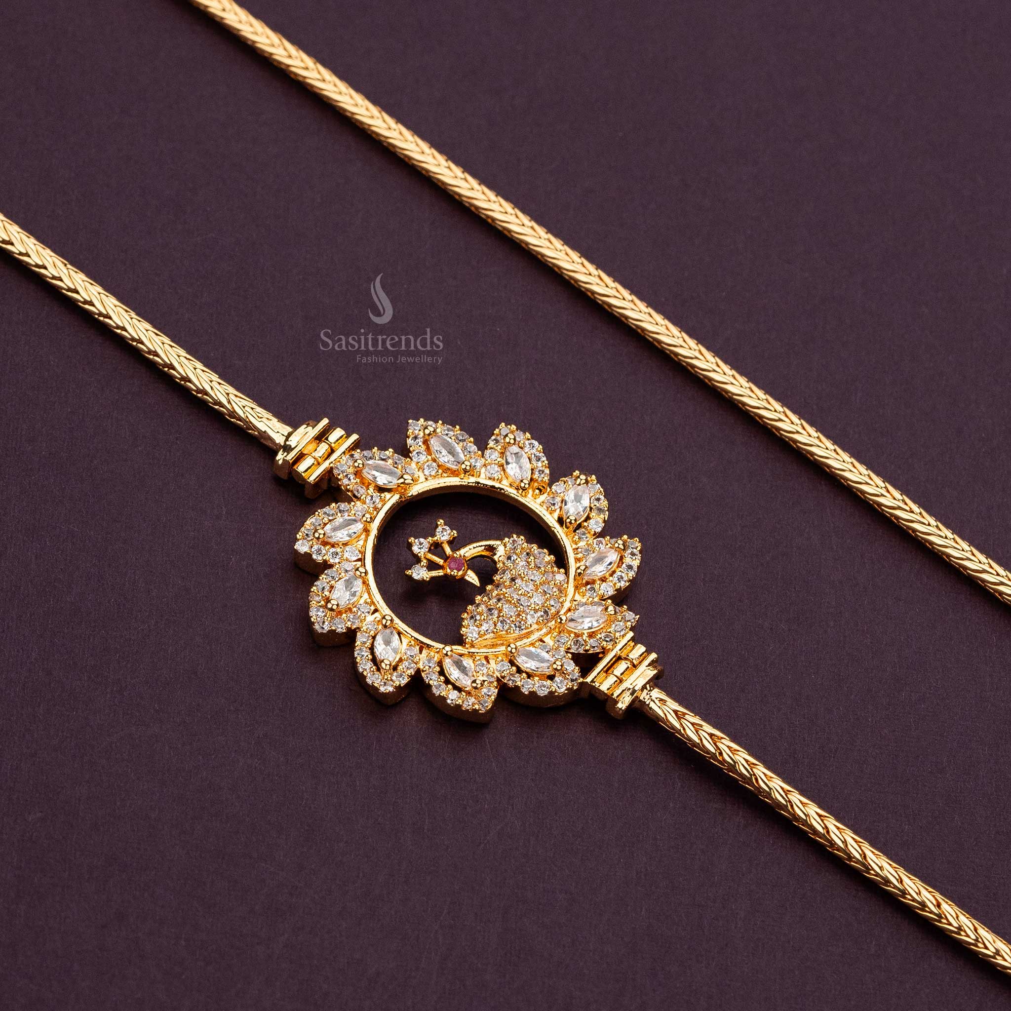 Elegant white AD stone-studded peacock mugappu chain with a circular flower design, micro gold plated - Sasitrends