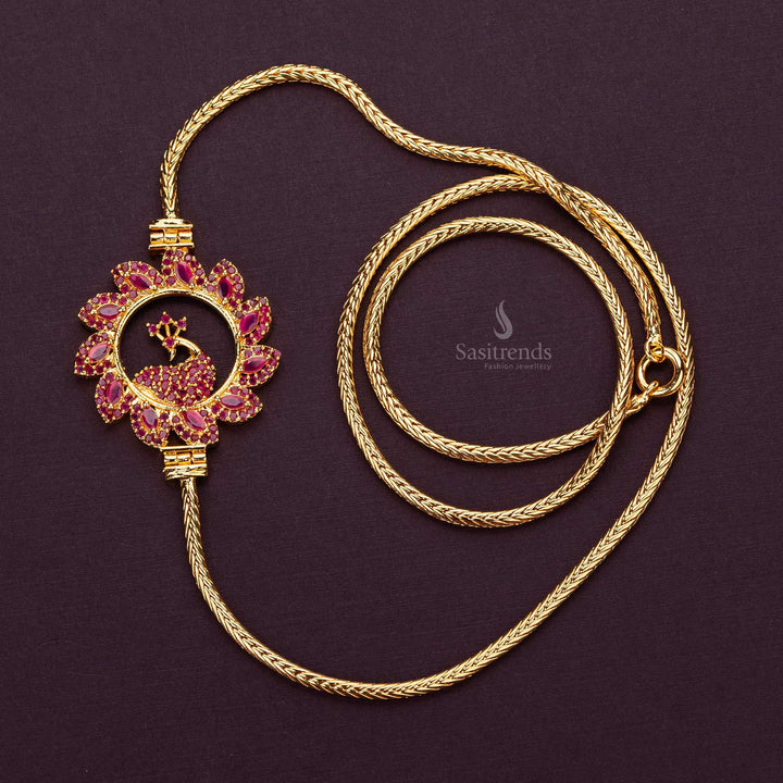 Vibrant ruby AD stone peacock mugappu chain with a circular flower frame, plated in micro gold - Sasitrends