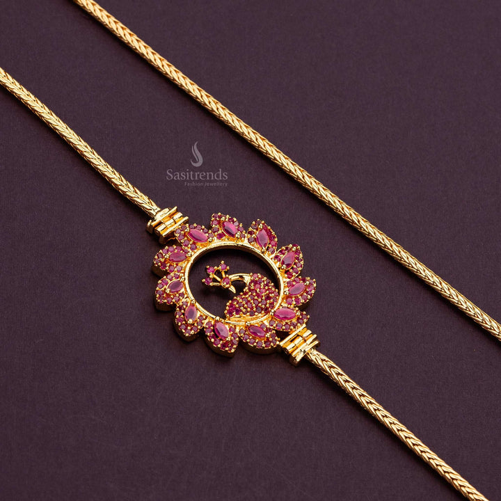 . Micro gold plated peacock mugappu chain with rich ruby stones, connected to a 24-inch flexible chain - Sasitrends