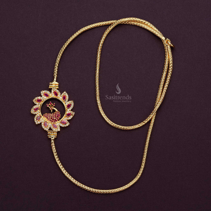 White and ruby AD stone peacock mugappu chain with a circular flower frame, plated with 24-carat micro gold - Sasitrends