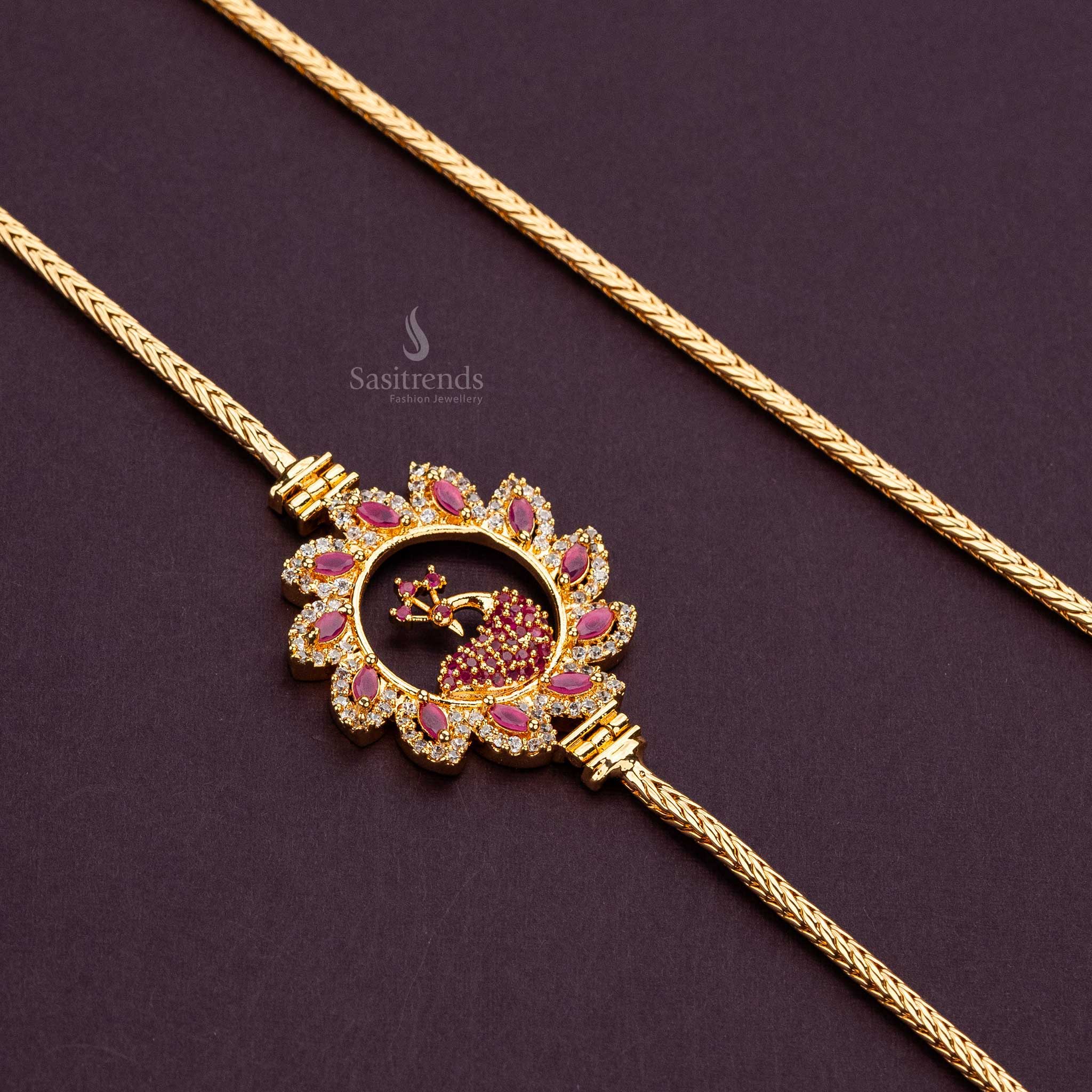 White-ruby AD stone mugappu chain with peacock motif, encased in a floral circular frame, micro gold plated - Sasitrends