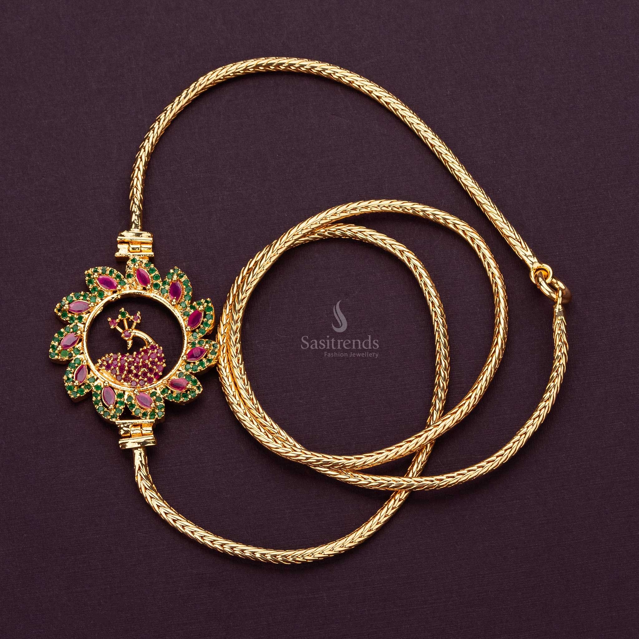 Elegant ruby and green AD stone peacock mugappu chain, featuring a flower-shaped frame and micro gold plating - Sasitrends