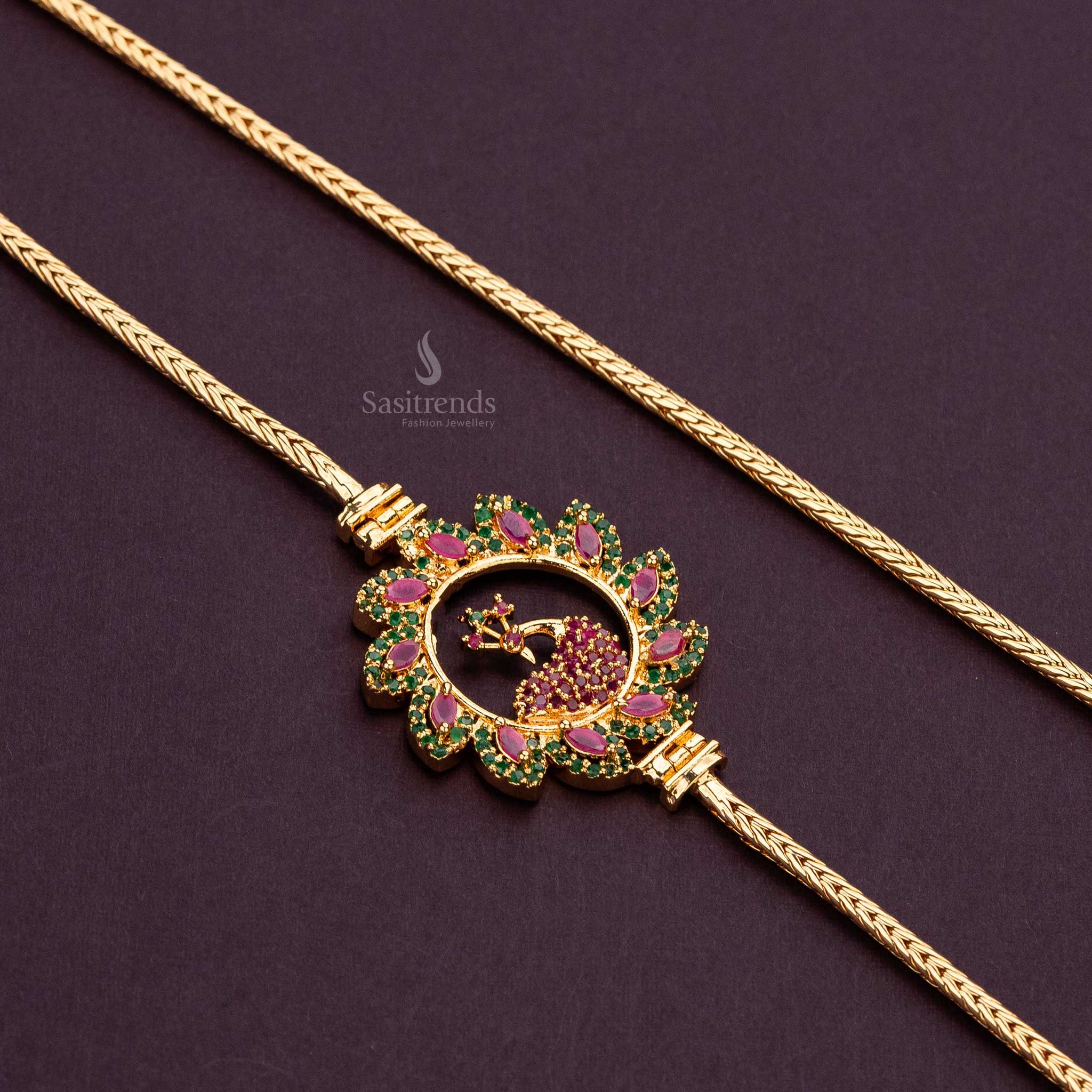 Micro gold plated peacock mugappu chain with ruby-green AD stones, connected to a 24-inch flexible chain - Sasitrends