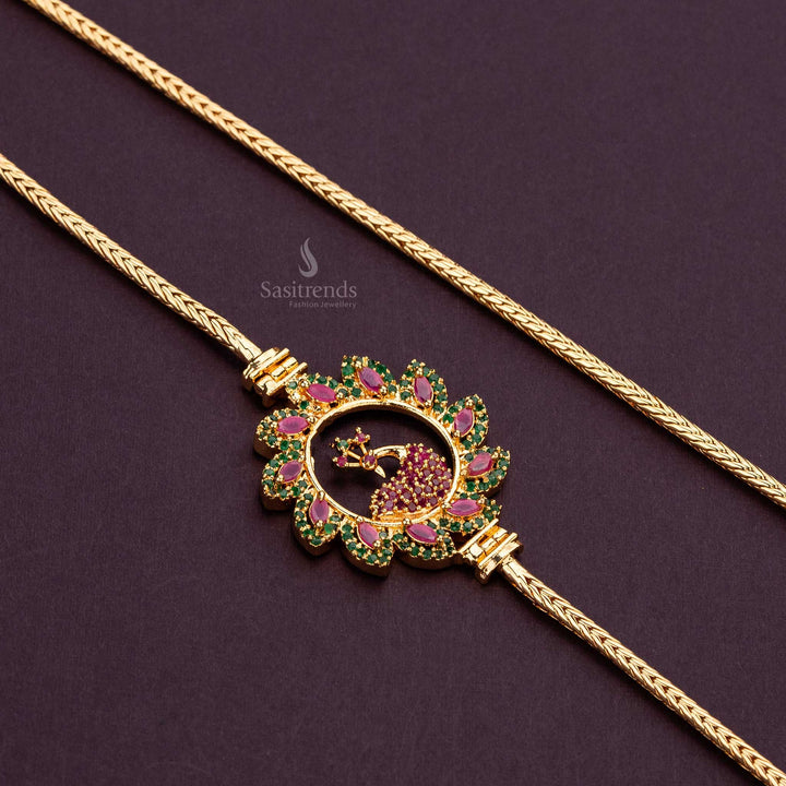 Micro gold plated peacock mugappu chain with ruby-green AD stones, connected to a 24-inch flexible chain - Sasitrends