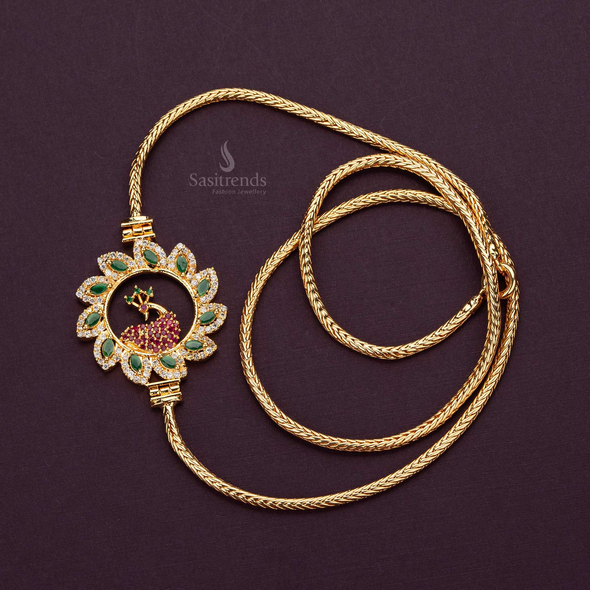 Multi-colored AD stone peacock mugappu chain with a detailed flower design and micro gold plating, ideal for festive wear - Sasitrends