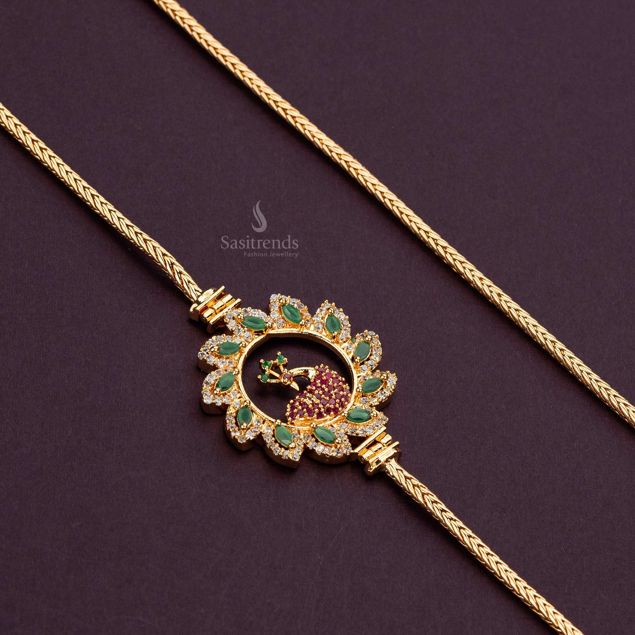 Intricate multi-colored AD stone peacock mugappu chain, plated with micro gold and connected to a flexible chain - Sasitrends