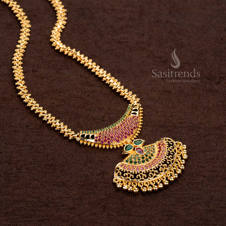 Trendy Kerala style Gajiri necklace with green ruby pendant and American diamond stones - Sasitrends