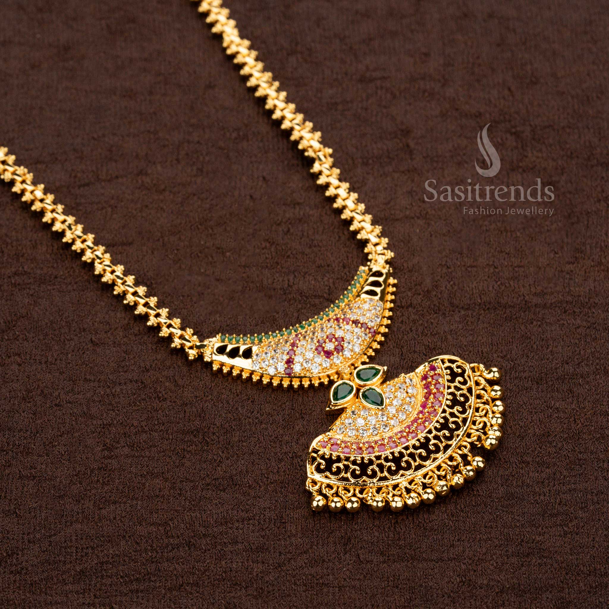 Multi colored American diamond pendant on traditional micro gold plated Gajiri necklace - Sasitrends