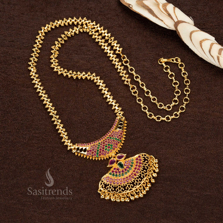 Kerala style long pendant Gajiri necklace with ruby green pendant and American diamond stones - Sasitrends