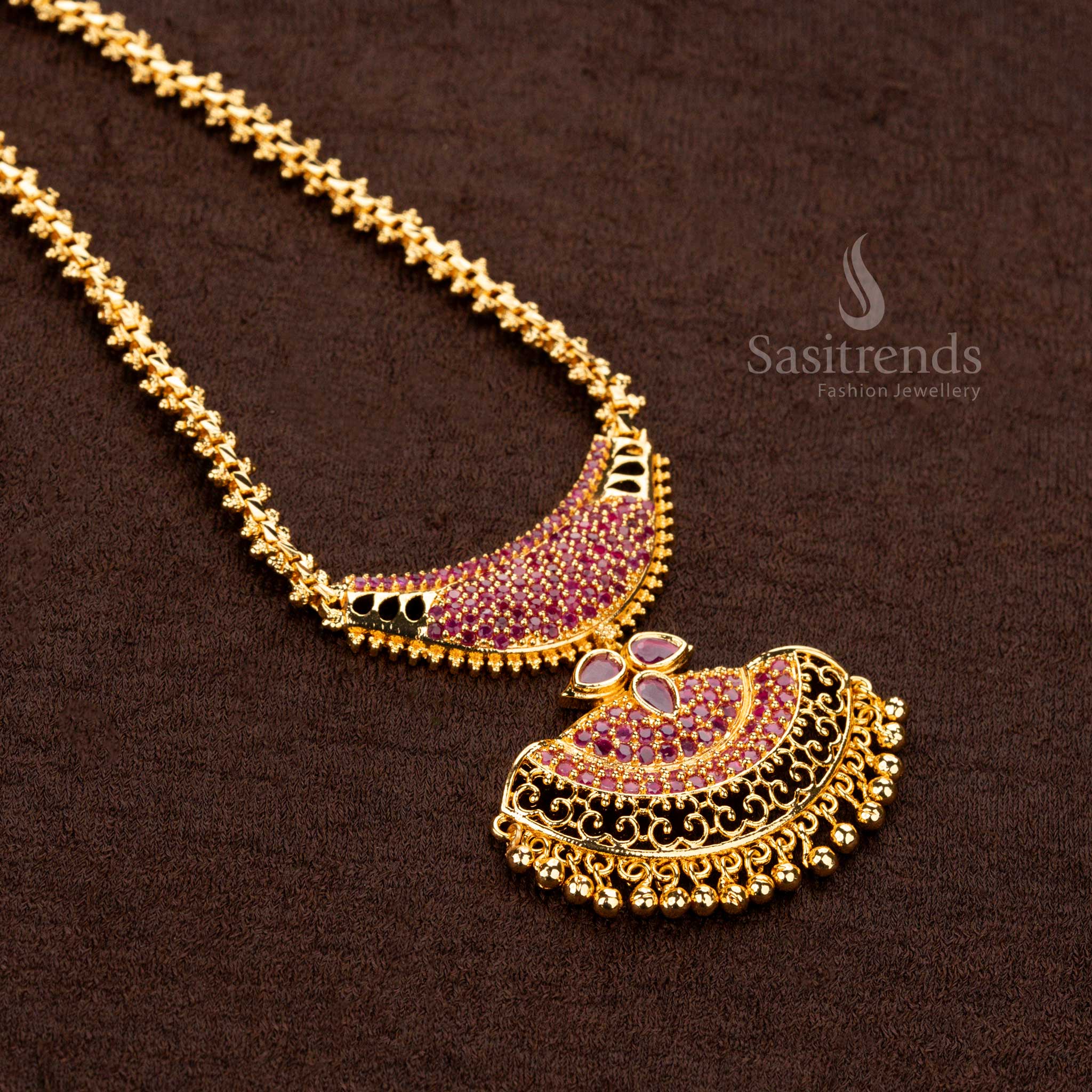 Kerala style Gajiri necklace with ruby pendant and American diamonds in gold plating - Sasitrends