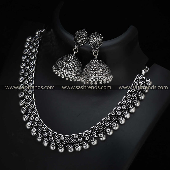 Sasitrends - Oxidised Chintaka  Short Ball Necklace Jewellery Set with Jhumka