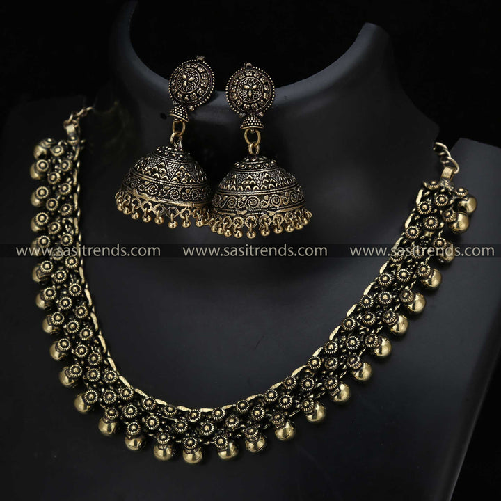 Latest Navarathiri Collection Oxidised Antique Gold Jewellery Set With Jhumka Earrings