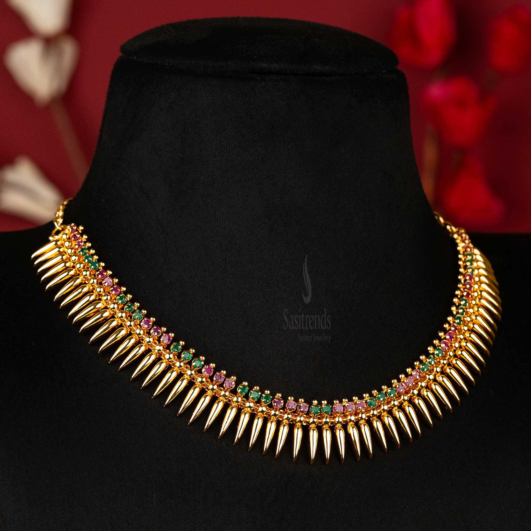 Micro Gold Plated AD Stone Mullapoo Necklace Ruby-Green - Sasitrends Kerala Jewellery