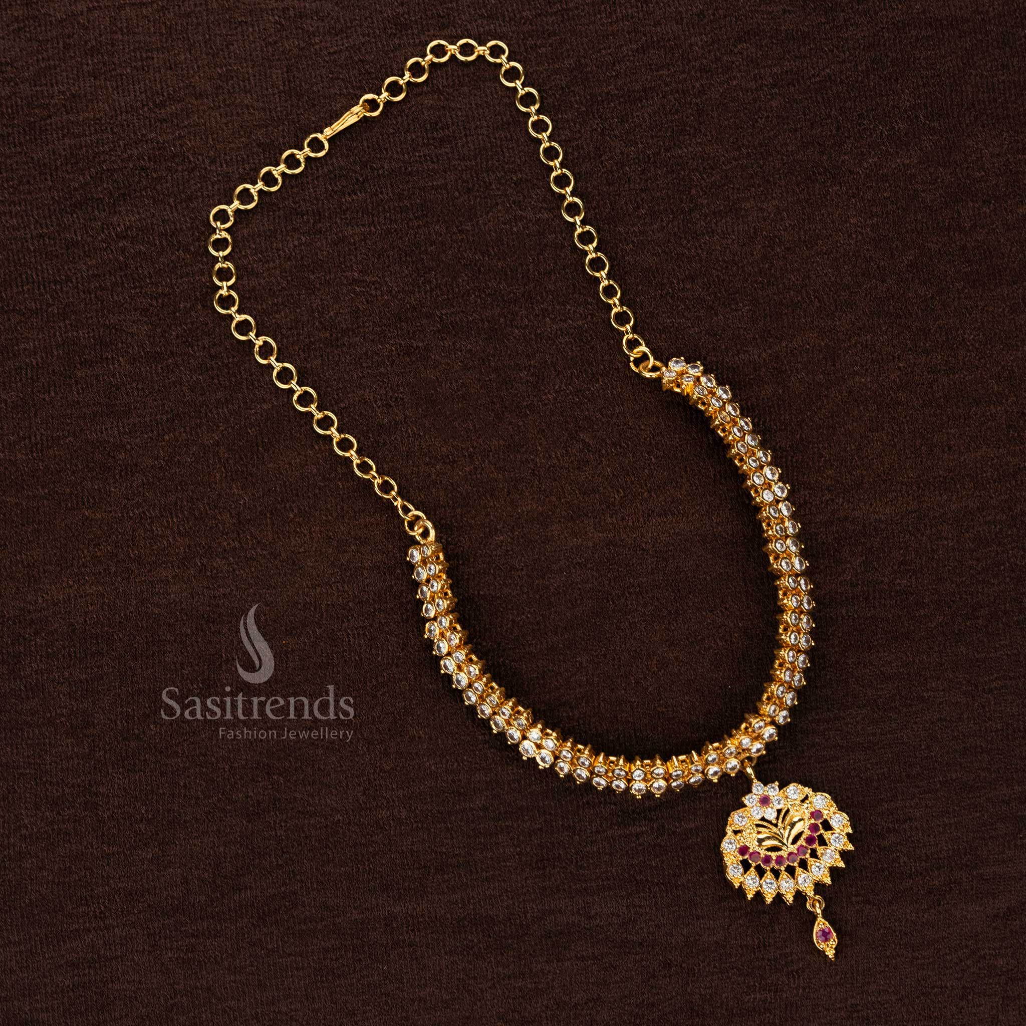 1-gram micro gold-plated necklace with ruby accents and white stones, perfect for weddings and festivals - Sasitrends