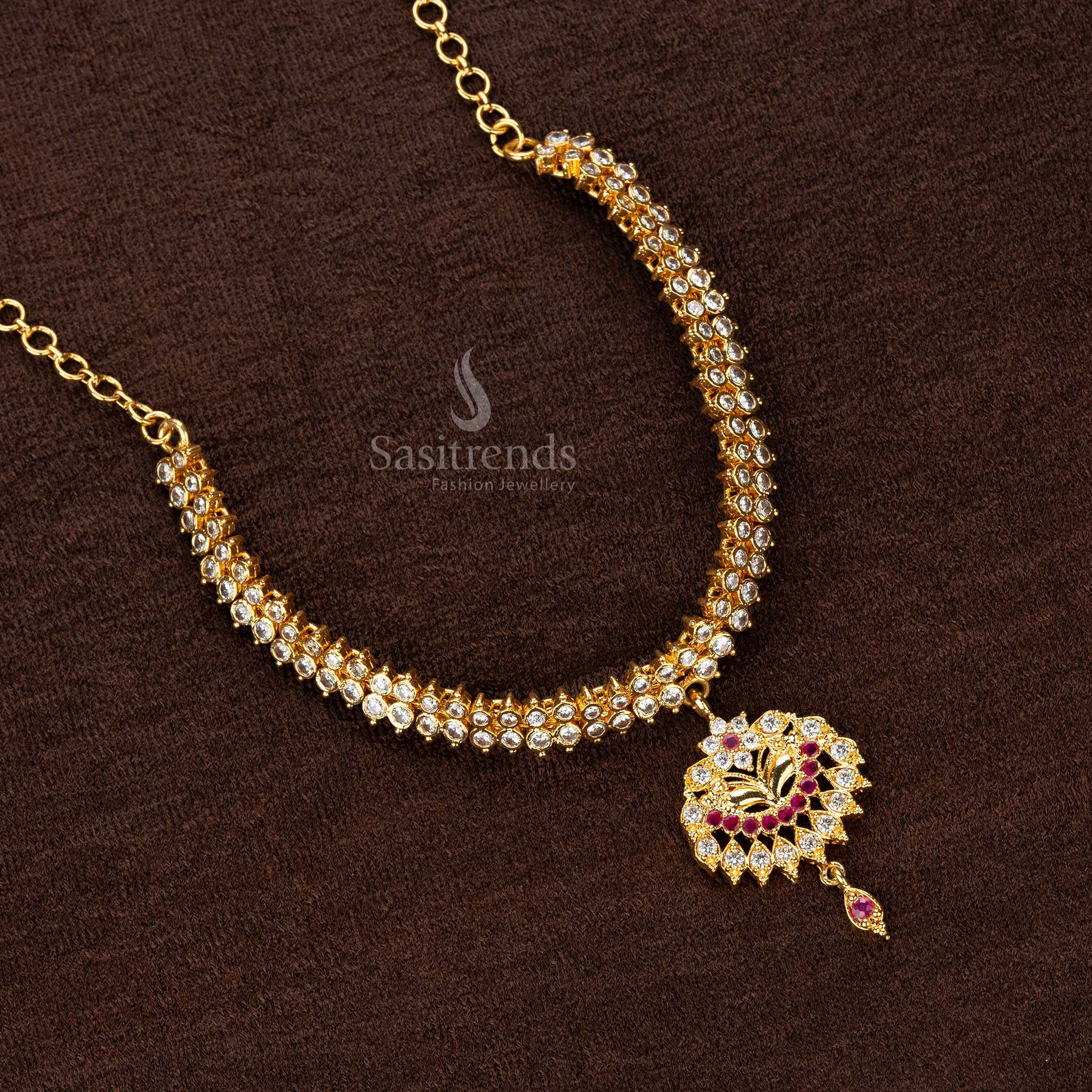 Luxurious long necklace with a floral and geometric motif pendant, featuring cubic zirconia and ruby-red accents - Sasitrends 