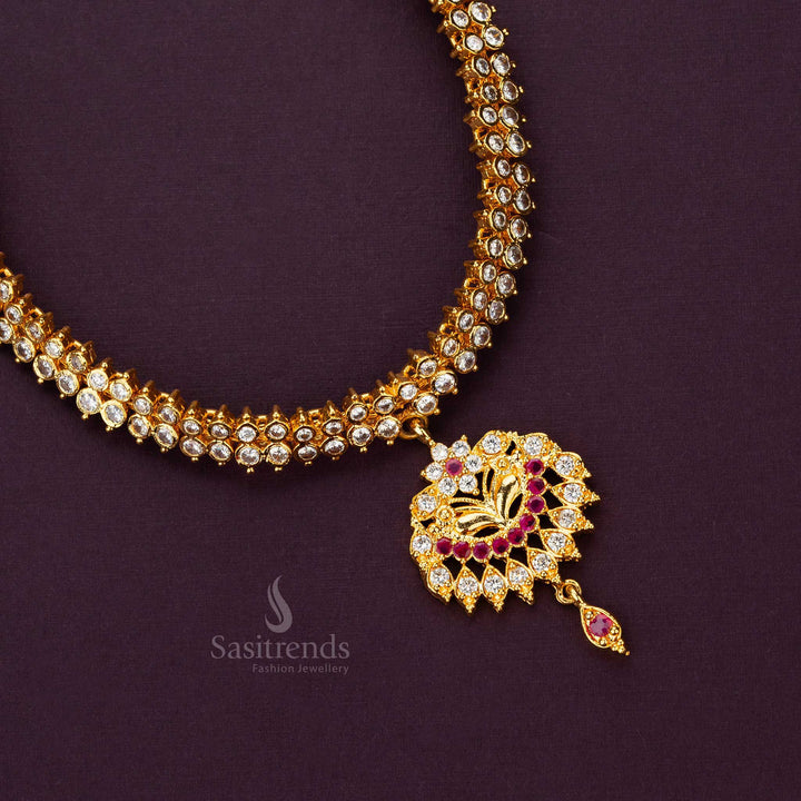 1-gram micro gold-plated necklace with ruby accents and white stones, perfect for weddings and festivals