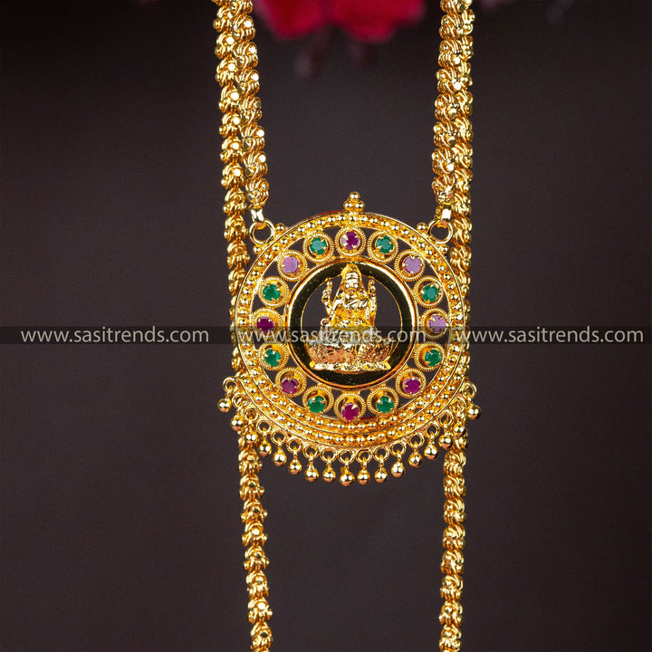 Micro gold-plated chain necklace with a Lakshmi motif pendant, surrounded by radiant full ruby AD stones Sasitrends