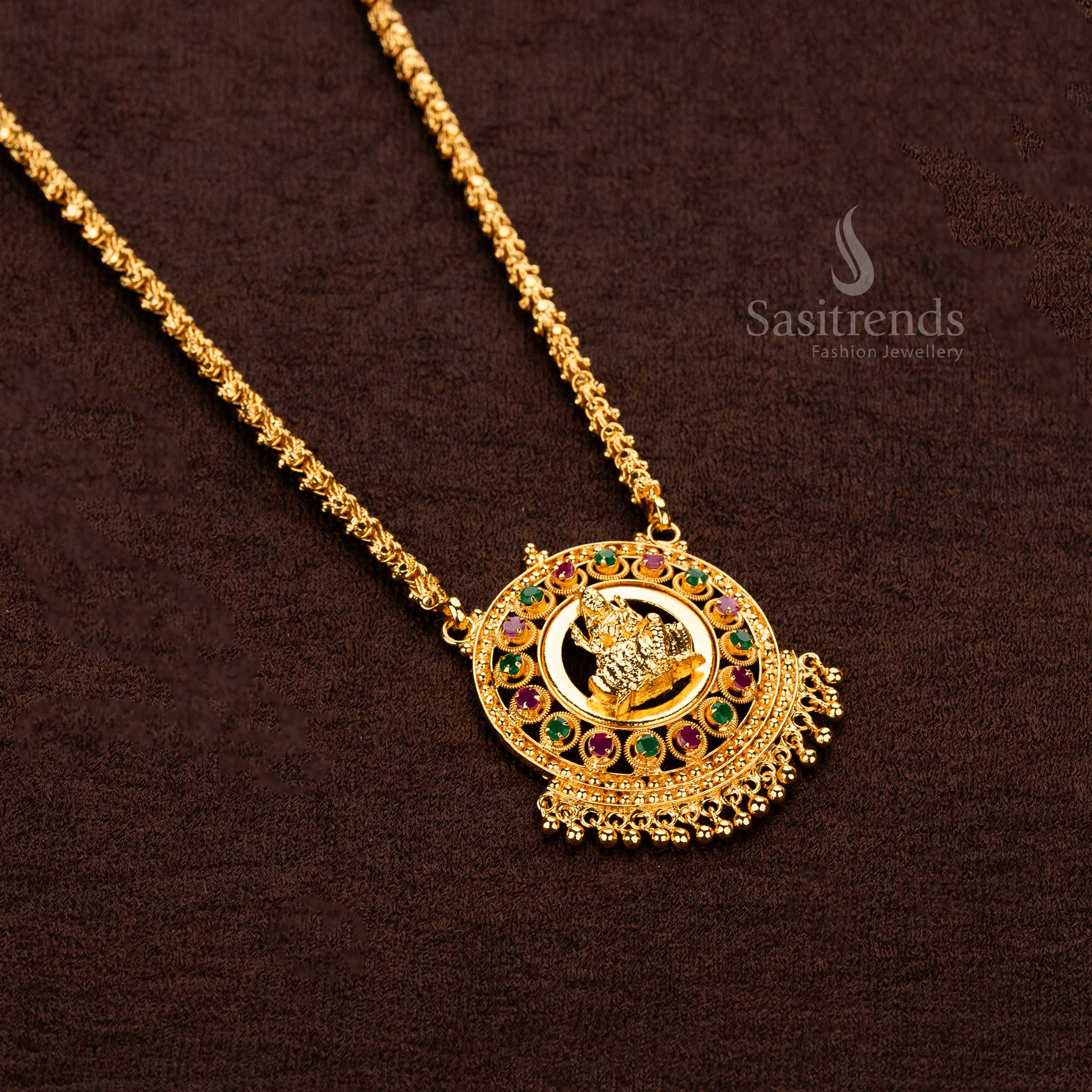 Traditional Lakshmi motif pendant necklace with micro gold plating and shimmering AD stone accents - Sasitrends