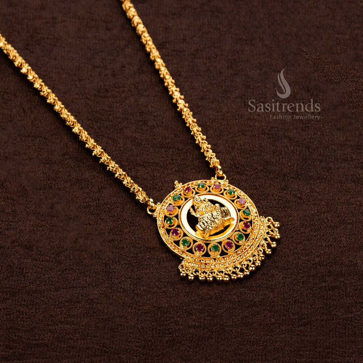 Traditional Lakshmi motif pendant necklace with micro gold plating and shimmering AD stone accents - Sasitrends