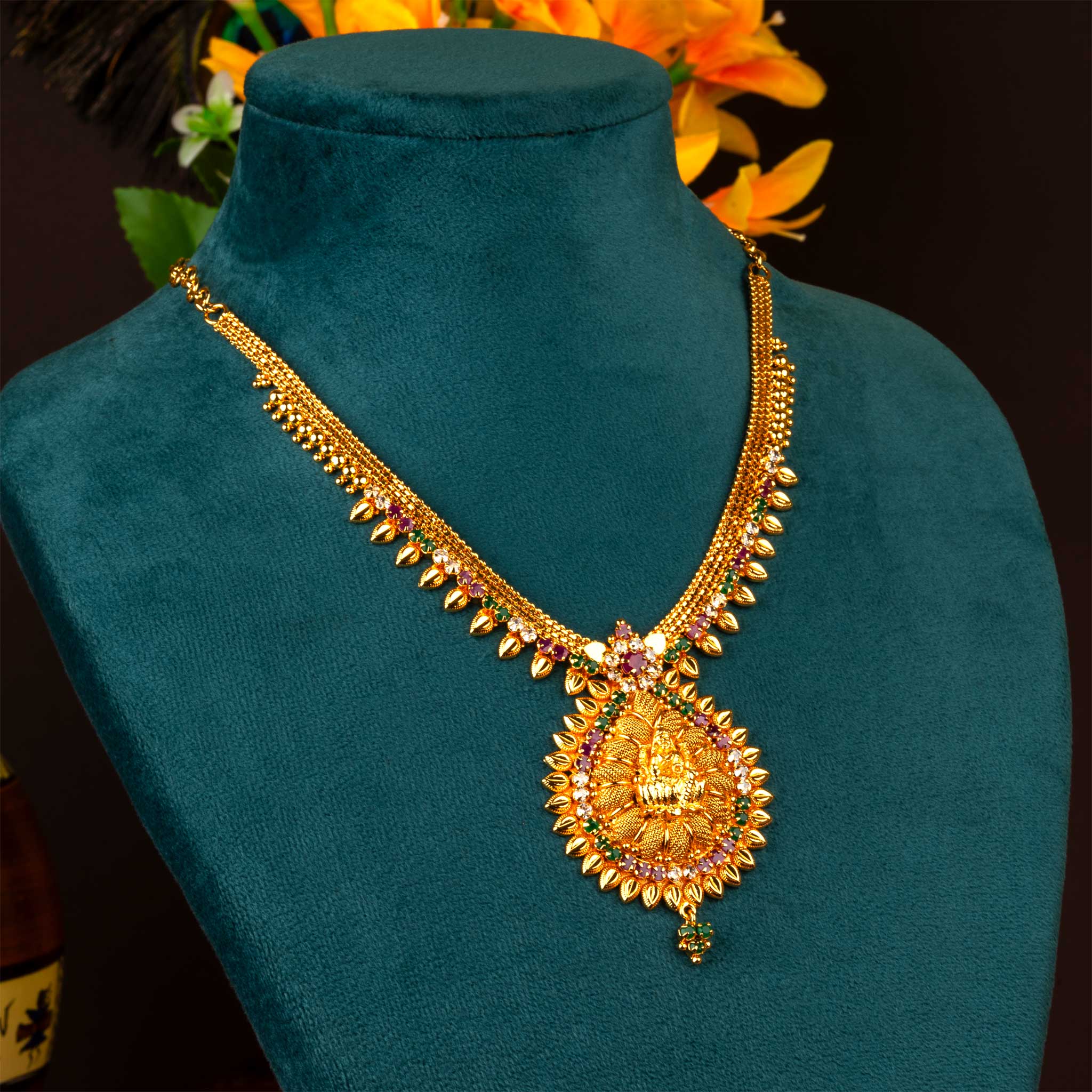 Traditional One Gram Micro Gold Plated Lakshmi Pendant Necklace with AD Stones | Sasitrends - Sasitrends