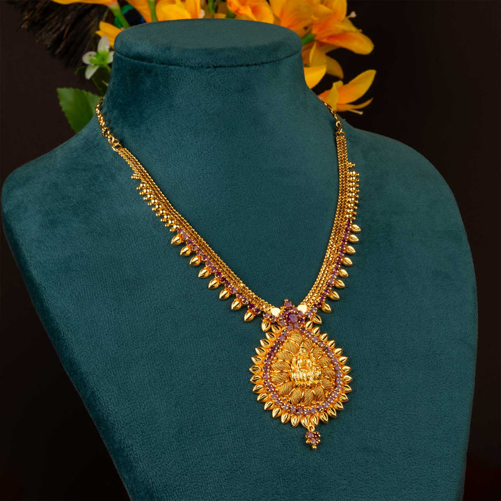 Traditional One Gram Micro Gold Plated Lakshmi Pendant Necklace with AD Stones | Sasitrends