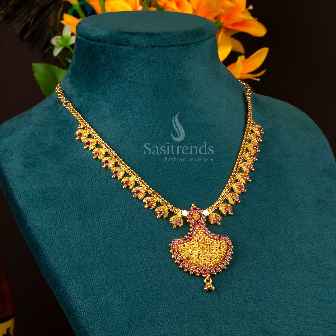 Stunning graceful temple-inspired micro gold plated tilak pendant ruby necklace featuring an intricate traditional design - Sasitrends