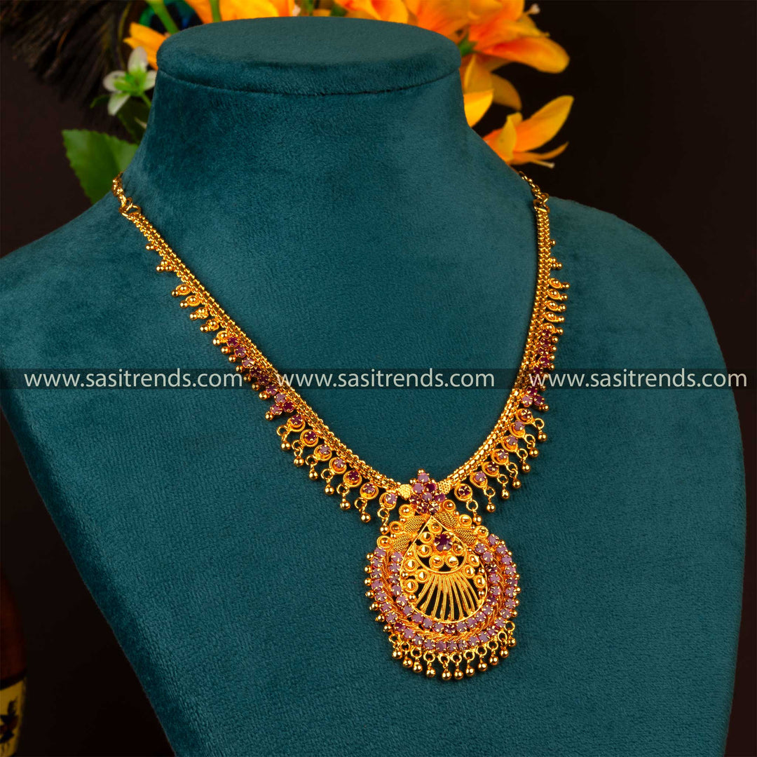 Micro gold plated one gram floral pendant necklace in ruby color with intricate net design