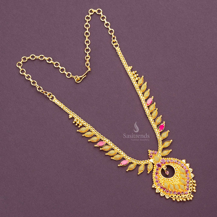 Regal micro gold plated necklace with Ruby leaf-shaped stones, perfect for weddings and festivals - Sasitrends