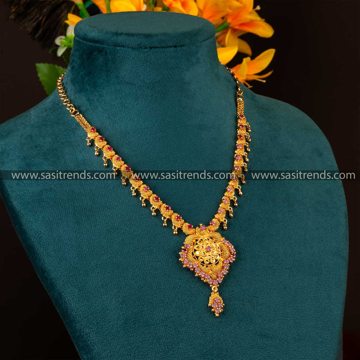 Traditional Micro Gold Plated Ruby AD Stone Necklace 