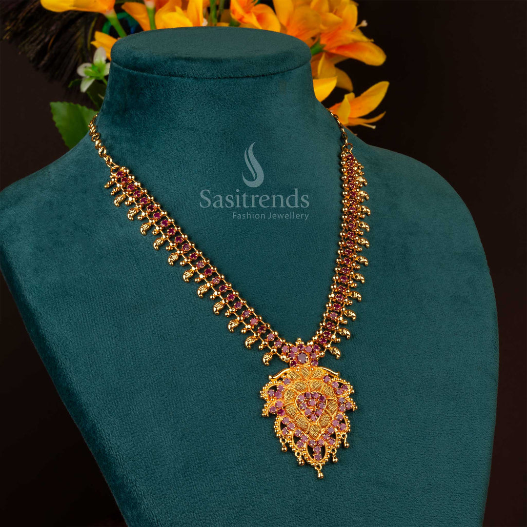 Stunning lustrous micro gold plated ruby floral pendant temple necklace, inspired by traditional temple jewellery craftsmanship - Sasitrends