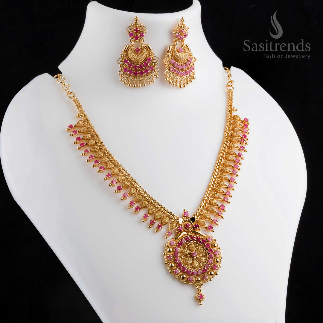 Exquisite intricate micro gold plated ruby floral pendant necklace with earrings, designed with fine detailing for timeless charm - Sasitrends