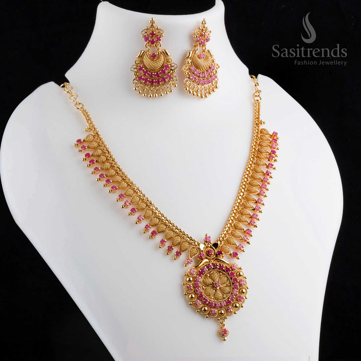 Sasitrends Micro Gold-Plated Floral Necklace & Jewellery Set with AD Stones