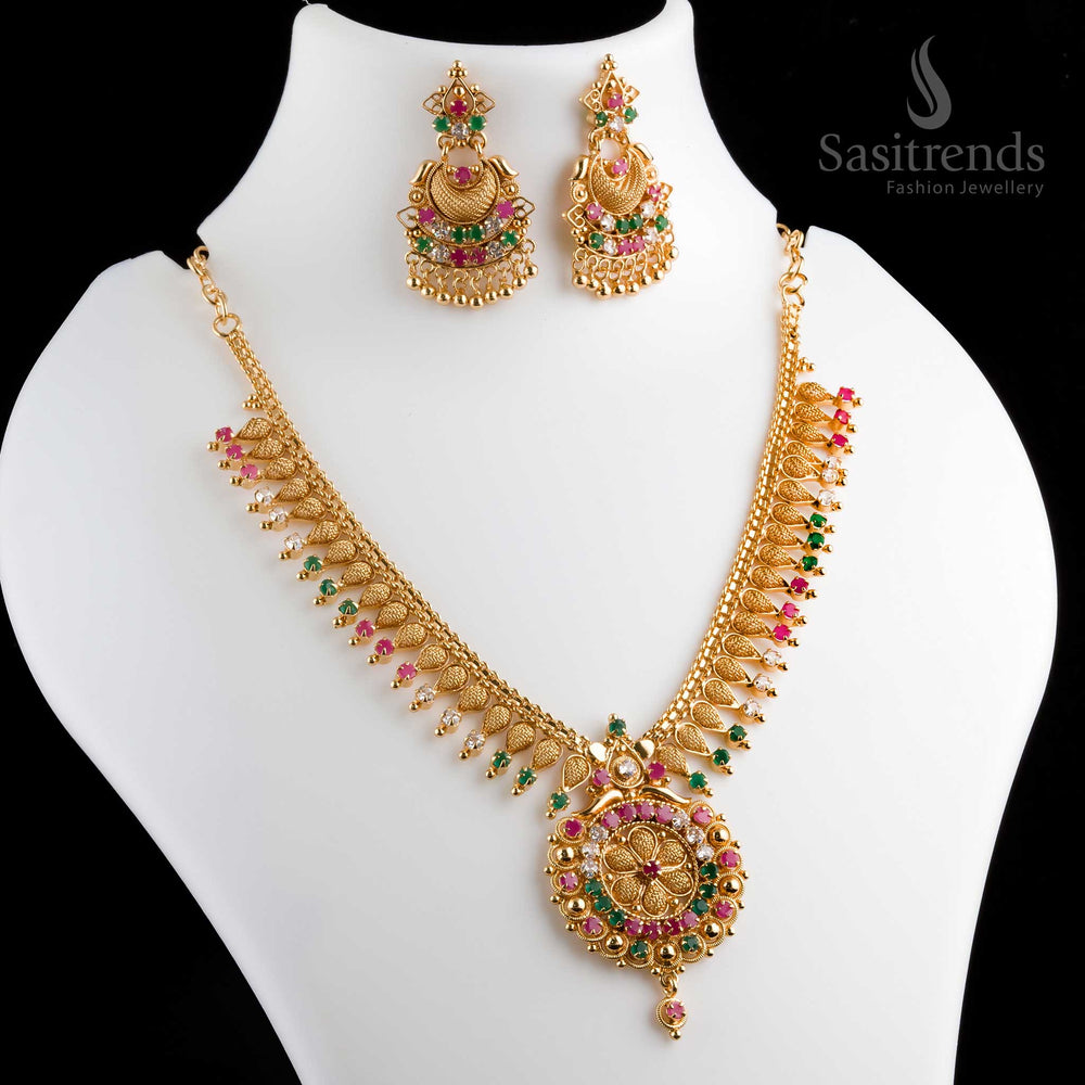 Magnificent radiant micro gold plated multi-color floral pendant necklace with earrings, enhanced with golden finishing for an opulent touch - Sasitrends