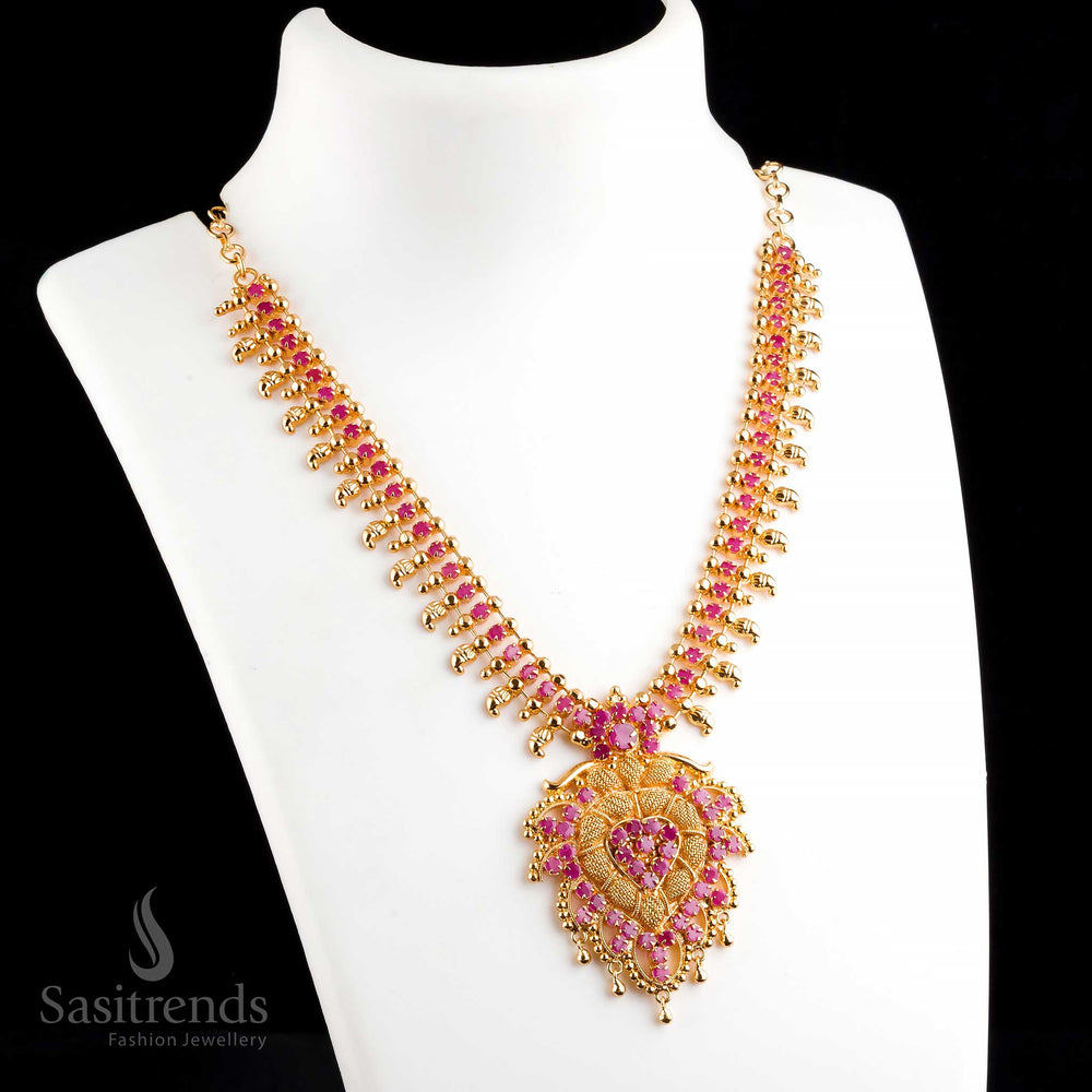 Stunning majestic micro gold plated ruby floral pendant traditional necklace featuring intricate carving and rich cultural elegance - Sasitrends