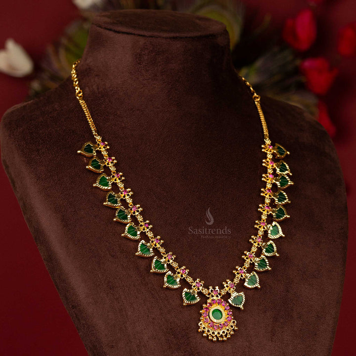 Kerala Traditional Palakka Necklace with Micro Gold Plating & Green/Pink Palakka Stones