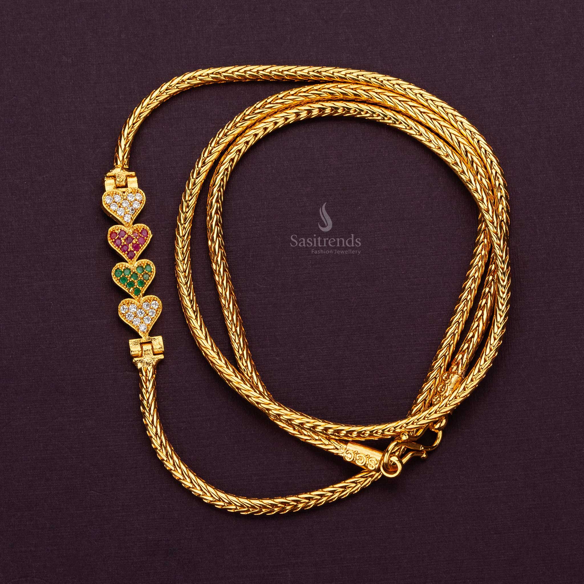 4 heart Multi AD stone micro gold plated mugappu chain for traditional sarees - Sasitrends