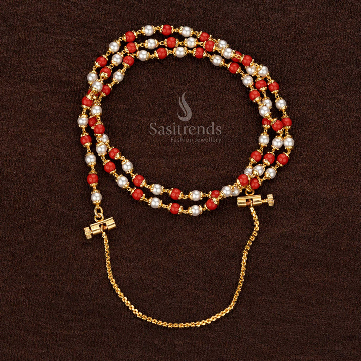 Exquisite micro gold-plated beaded Thali Saradu chain adorned with vivid red and white beads, designed for cultural and festive celebrations - Sasitrends