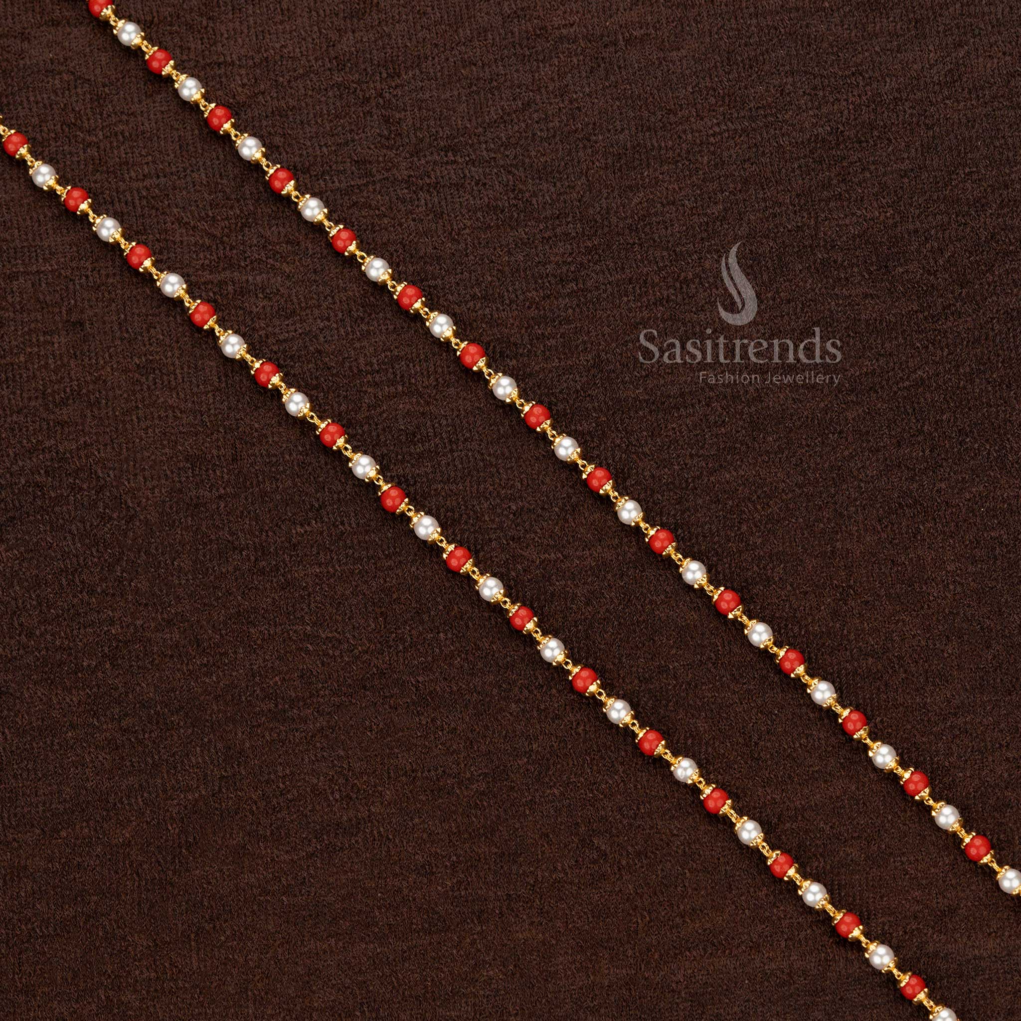 Radiant micro gold-plated beaded Thali Saradu chain adorned with vivid red and white beads, designed for cultural and festive celebrations - Sasitrends