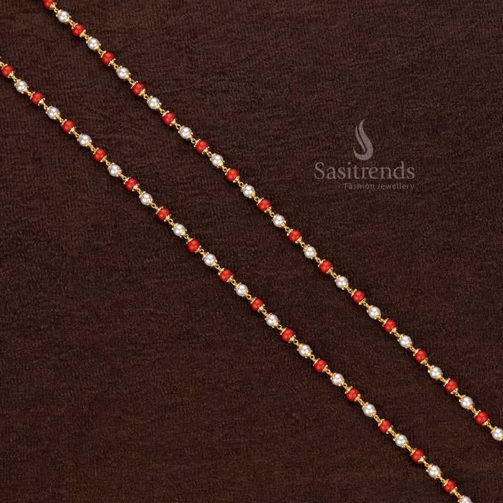 Radiant micro gold-plated beaded Thali Saradu chain adorned with vivid red and white beads, designed for cultural and festive celebrations - Sasitrends