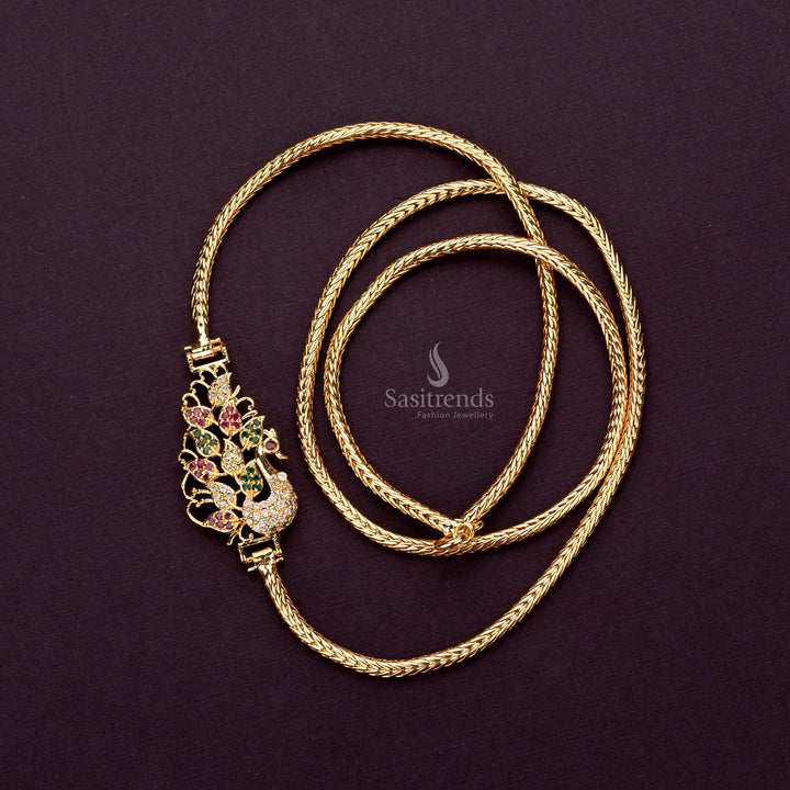 Micro Gold-plated peacock mugappu chain with Multi Color AD stones, 24 inches - Sasitrends