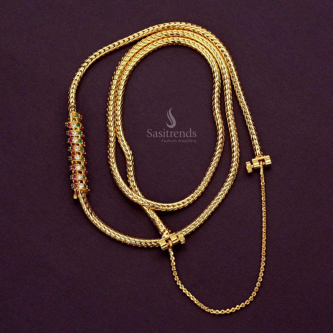 Luxurious spiral AD stone mugappu chain plated with 24K gold, front view - Sasitrends